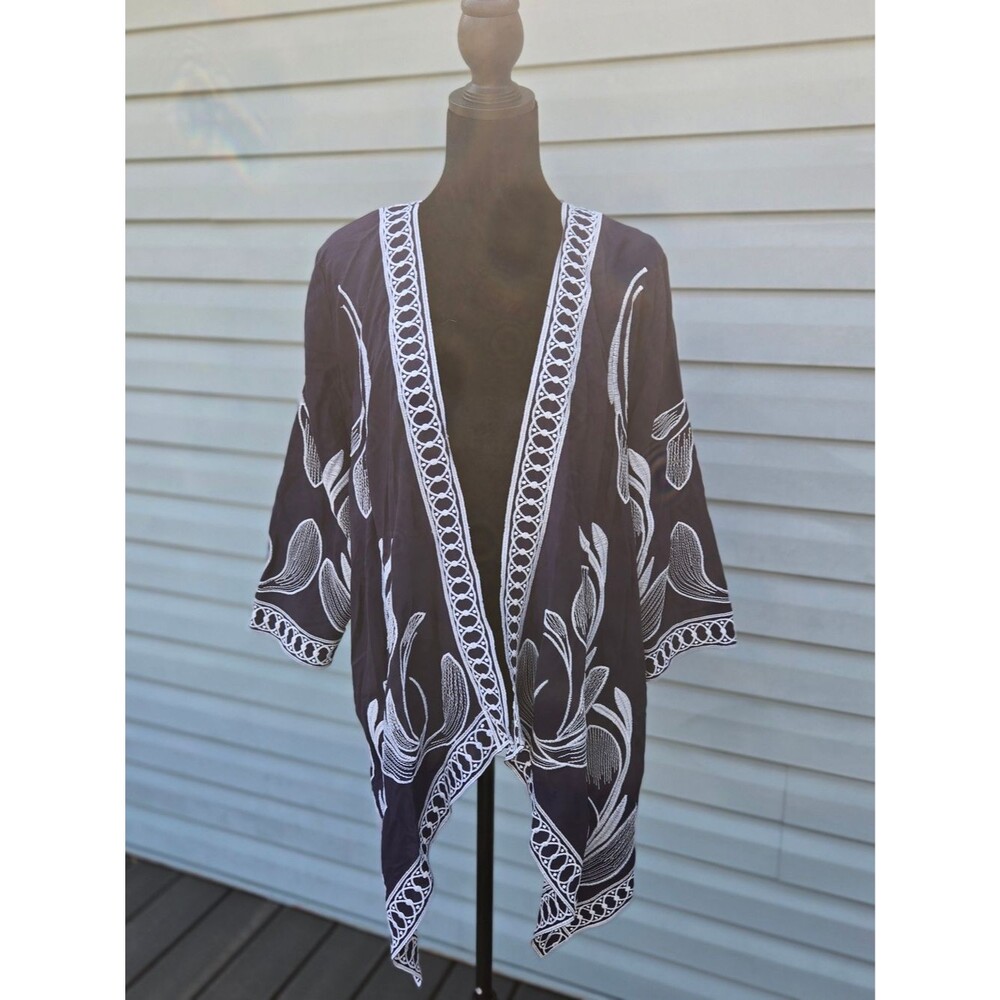 ​CHICO'S Navy Blue White Embroidered Kimono Cardigan Size 1 (Medium) Open Front